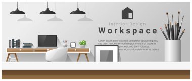 Masa üstü ve Modern ofis işyeri arka plan, vektör, illüstrasyon iç tasarım