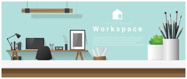 Masa üstü ve Modern ofis işyeri arka plan, vektör, illüstrasyon iç tasarım