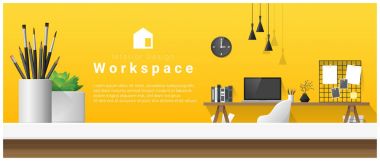 Masa üstü ve Modern ofis işyeri arka plan, vektör, illüstrasyon iç tasarım