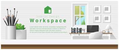 Masa üstü ve Modern ofis işyeri arka plan, vektör, illüstrasyon iç tasarım