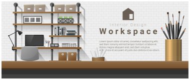 Masa üstü ve Modern ofis işyeri arka plan, vektör, illüstrasyon iç tasarım