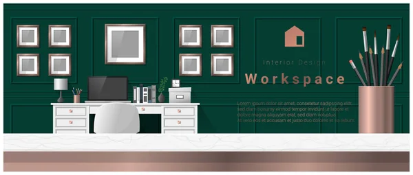 Raumgestaltung mit Tischplatte und modernem Büroarbeitsplatzhintergrund, Vektor, Illustration — Stockvektor