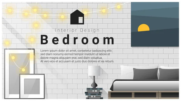 Interieur met moderne slaapkamer achtergrond, vector illustratie — Stockvector