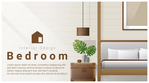 Diseño de interiores con fondo de dormitorio moderno, vector, ilustración — Vector de stock