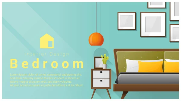 Diseño de interiores con fondo de dormitorio moderno, vector, ilustración — Vector de stock