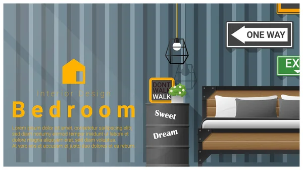 Diseño de interiores con fondo de dormitorio moderno, vector, ilustración — Vector de stock