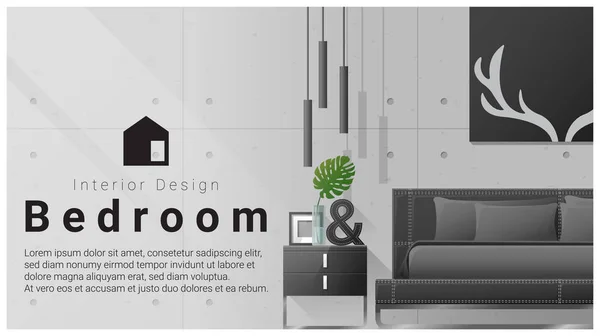 Diseño de interiores con fondo de dormitorio moderno, vector, ilustración — Vector de stock