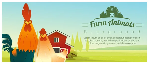 Boerderij dieren en landelijke landschap achtergrond met kip, vector illustratie — Stockvector