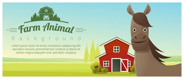 Boerderij dieren en landelijke landschap achtergrond met paard, vector illustratie — Stockvector