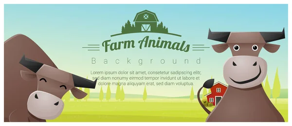 Boerderij dieren en landelijke landschap achtergrond met koeien, vector illustratie — Stockvector