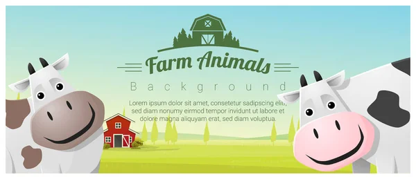 農場の動物と農村風景と牛, ベクトル, イラスト背景 — ストックベクタ