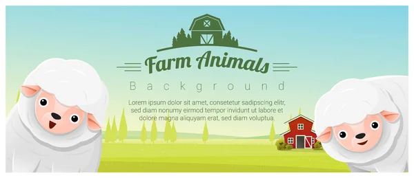 Boerderij dieren en landelijke landschap achtergrond met schapen, vector illustratie — Stockvector
