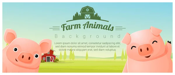 農場の動物と農村風景豚, ベクトル, イラストと背景 — ストックベクタ