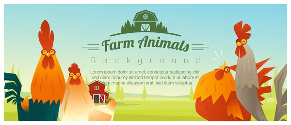 Boerderij dieren en landelijke landschap achtergrond met kippen, vector illustratie — Stockvector