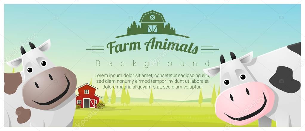 Farm animal and Rural landscape background with cows , vector , illustration
