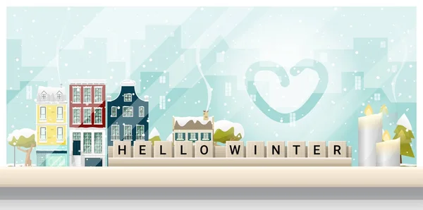 Buchstaben hallo Winter auf hölzerner Tischplatte mit winterlichem Stadtbild Hintergrund, Vektor, Illustration — Stockvektor