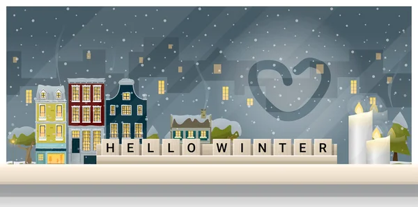 Lettres orthographiant bonjour hiver sur plateau en bois avec fond de paysage urbain d'hiver, vecteur, illustration — Image vectorielle