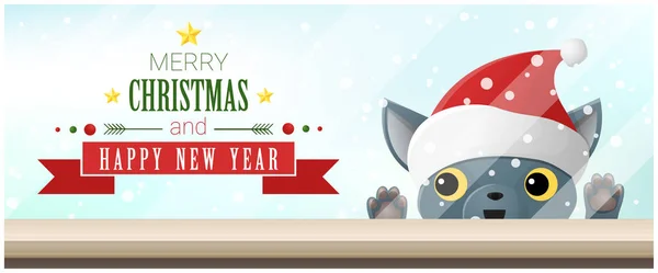 Χαρούμενα Χριστούγεννα και Ευτυχισμένο το νέο έτος φόντο με γάτα κοιτάζω στο κενό πίνακα κορυφή, διάνυσμα, εικονογράφηση — Διανυσματικό Αρχείο