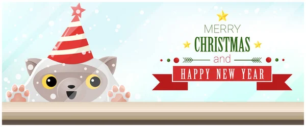 Χαρούμενα Χριστούγεννα και Ευτυχισμένο το νέο έτος φόντο με γάτα κοιτάζω στο κενό πίνακα κορυφή, διάνυσμα, εικονογράφηση — Διανυσματικό Αρχείο