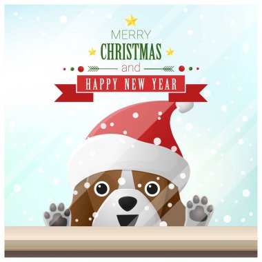 Pencere, vektör, illüstrasyon arkasında köpek duran ile neşeli Noel ve mutlu yeni yıl arka plan