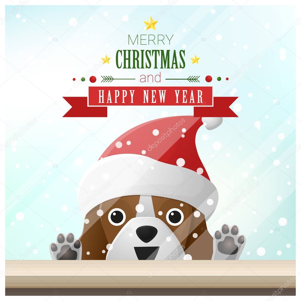 Merry Christmas and Happy New Year background with dog standing behind window , vector , illustration