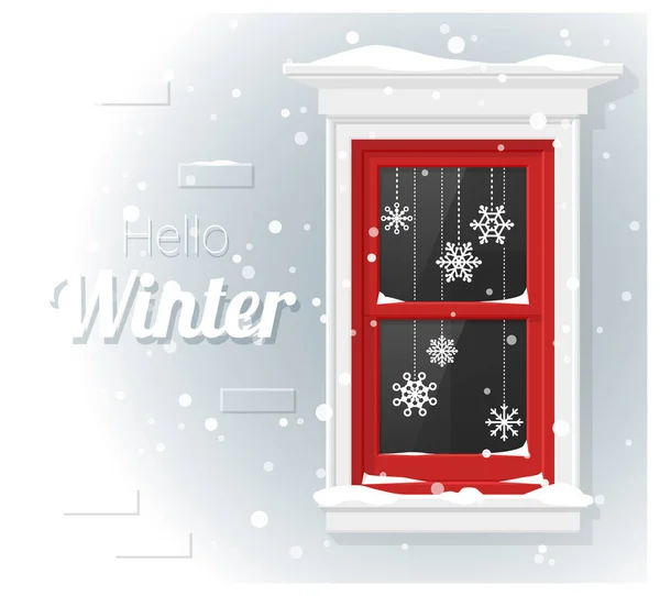 Bonjour fond d'hiver avec peinture de fenêtre, vecteur, illustration — Image vectorielle