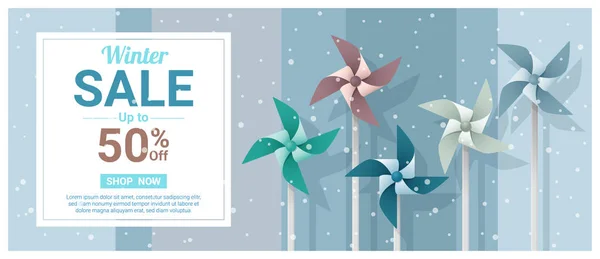 Winterschlussverkauf Banner mit bunten Windrad, Vektor, Illustration — Stockvektor