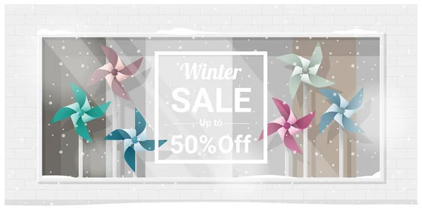 Talvi myynti ikkuna näyttö värikäs pyörät tausta, vektori, kuva — vektorikuva