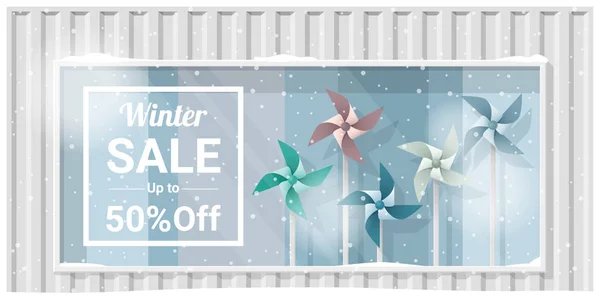 Affichage de fenêtre de vente d'hiver avec fond de pinwheels colorés, vecteur, illustration — Image vectorielle