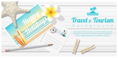 Tropikal plaj kartpostal ahşap masa, vektör, illüstrasyon tarih ile seyahat ve Turizm arka plan