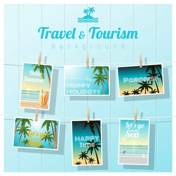 Путешествия и туризм, тропические морские открытки на красочном фоне, вектор, иллюстрация — стоковый вектор