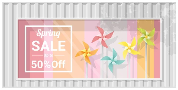 Frühlingsverkauf Schaufenster Mit Bunten Windrad Hintergrund Vektor Illustration — Stockvektor