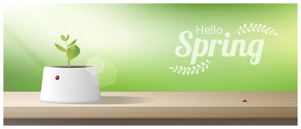 Hello Spring Achtergrond Met Jonge Stronk Groeien Een Pot Houten — Stockvector