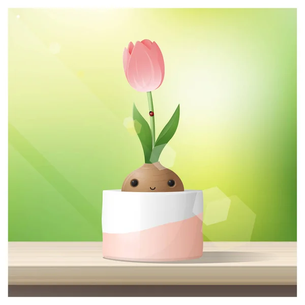 Hola Fondo Primavera Con Flor Primavera Tulipán Creciendo Una Olla — Vector de stock