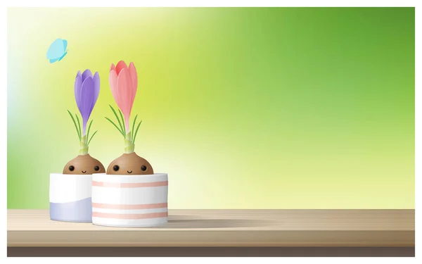 Hello Spring Background Spring Flower Crocuses Wooden Table Top Vector — Stock Vector