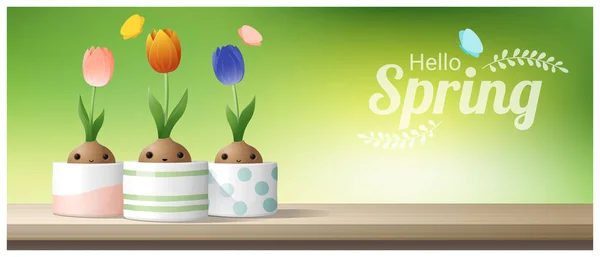 こんにちは春背景春の花チューリップ木製テーブル トップ ベクトル イラスト — ストックベクタ