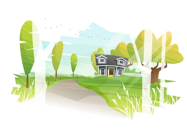 Beautiful Rural Landscape Small House Background Vector Illustration — стоковый вектор