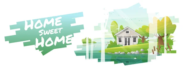 Home Sweet Home Beautiful Rural Landscape Small House Background Vector — стоковый вектор