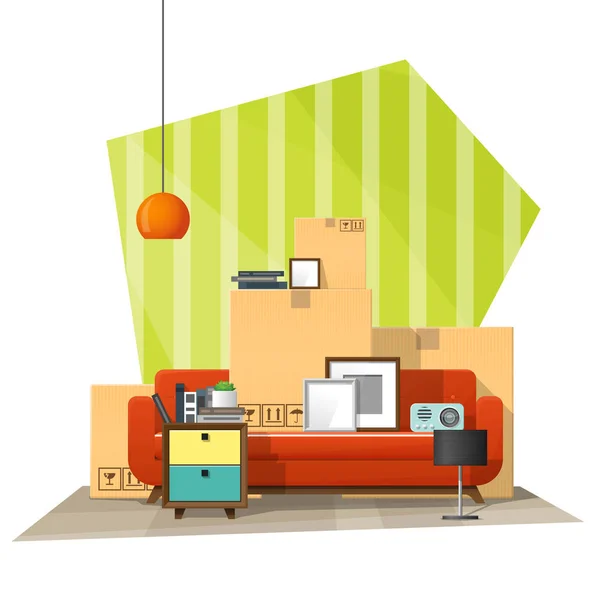 Traslado Fondo Concepto Casa Con Cajas Cartón Muebles Nueva Sala — Vector de stock