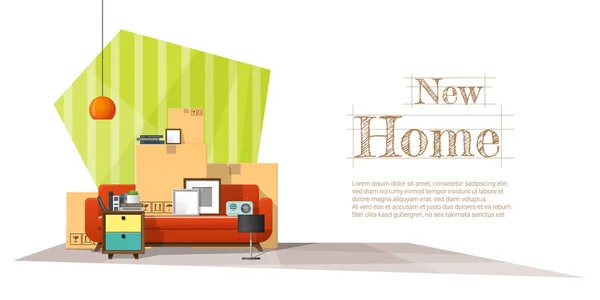 Traslado Fondo Concepto Casa Con Cajas Cartón Muebles Nueva Sala — Vector de stock