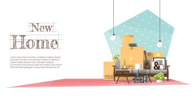 Karton kutular ve mobilya yeni salon, vektör, illüstrasyon hareketli ev concept arka plan