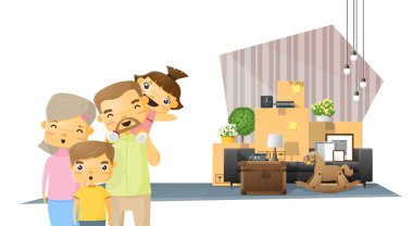 Mutlu bir aile ve mobilya yeni salon, vektör, illüstrasyon hareketli ev concept arka plan