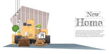 Karton kutular ve mobilya yeni salon, vektör, illüstrasyon hareketli ev concept arka plan