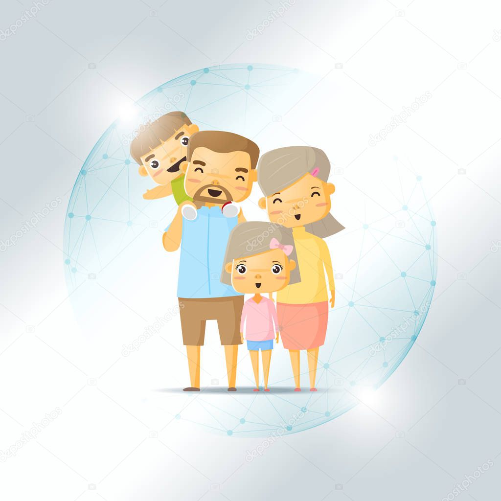 Life insurance concept with happy family protected in polygonal sphere shield , vector , illustration
