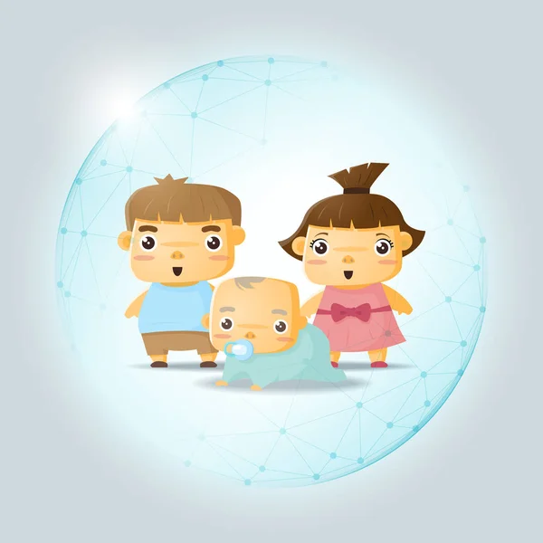 Concept Familial Heureux Avec Enfants Protégés Dans Bouclier Sphérique Polygonal — Image vectorielle