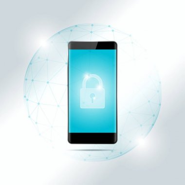 Siber güvenlik kavramı ile akıllı telefon korumalı poligonal küre kalkan, vektör, illüstrasyon
