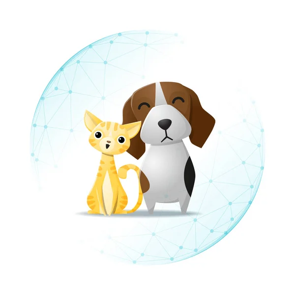 Concepto Cuidado Mascotas Con Gato Perro Protegido Escudo Esfera Poligonal — Vector de stock