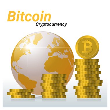 Sanal cryptocurrency kavramı ile Altın Küre ve bitcoin arka plan, vektör, illüstrasyon