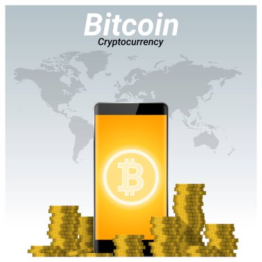 Altın bitcoin ve smartphone arka plan, vektör, illüstrasyon yığınları ile sanal cryptocurrency kavramı