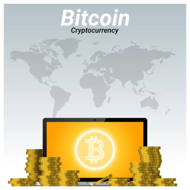 Altın bitcoin ve dizüstü bilgisayar arka plan, vektör, illüstrasyon yığınları ile sanal cryptocurrency kavramı